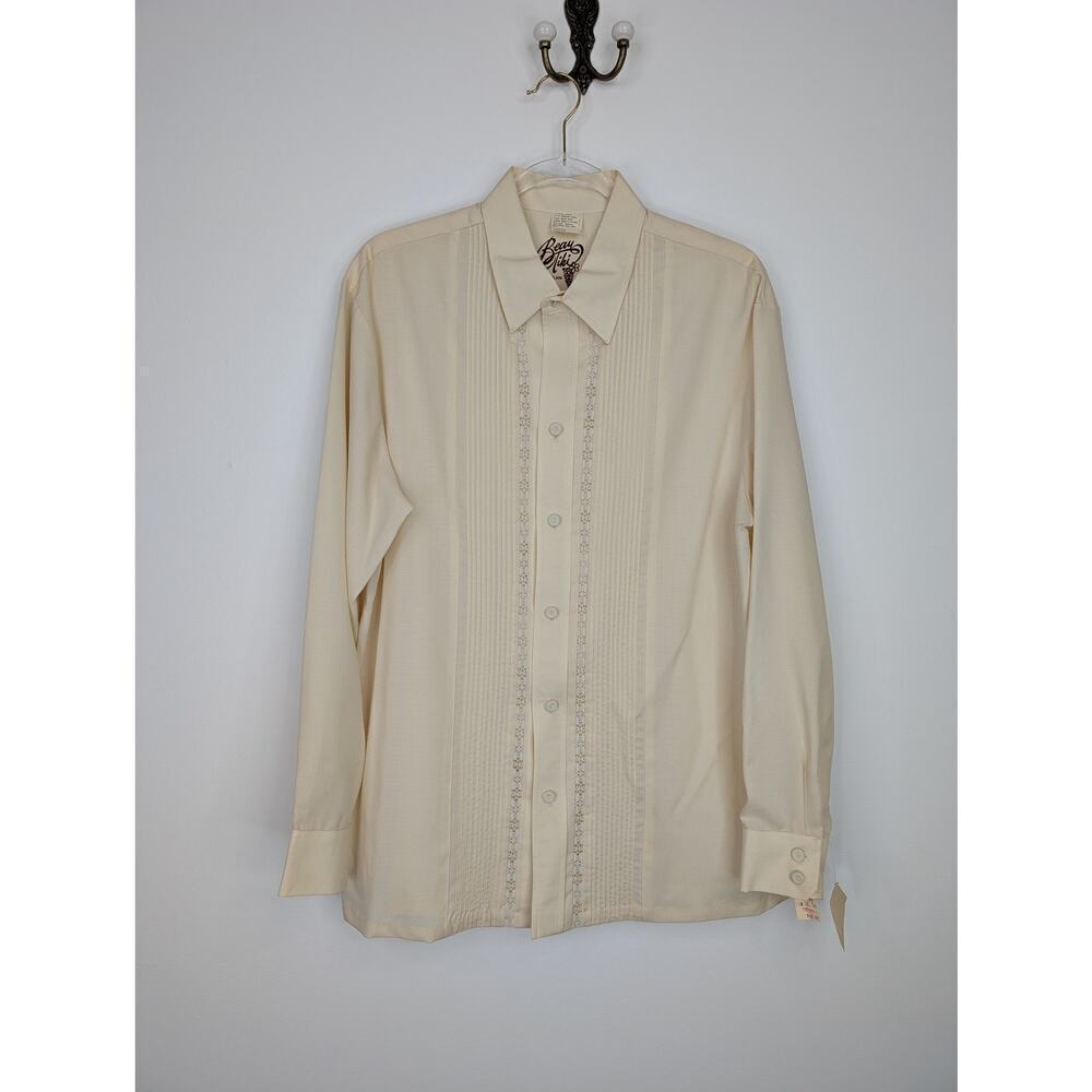 Vintage Beau Tiki Shirt Mens Large Beige Long Sleeve Lace Panel Hawaii 70s